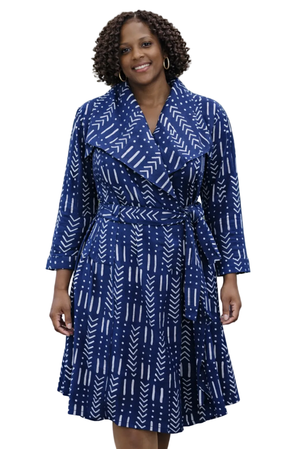 Blue African Inspired Print Wrap Coat with Belt – Modern Tribal Elegance