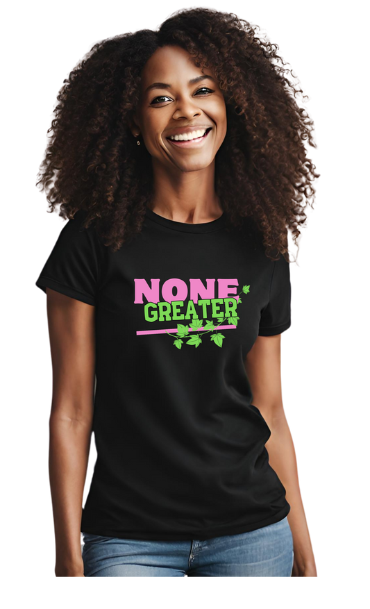 Black Unisex Heavy Cotton Tee saying "None Greater" in Pink/Green letters w/Ivy Vine in background.