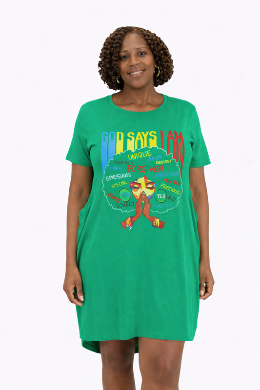 “God Says I Am” Graphic Pocket Dress – Green