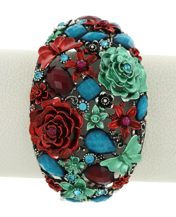Aqua Blue gems , Green and Red Flower Butterfly Bracelet