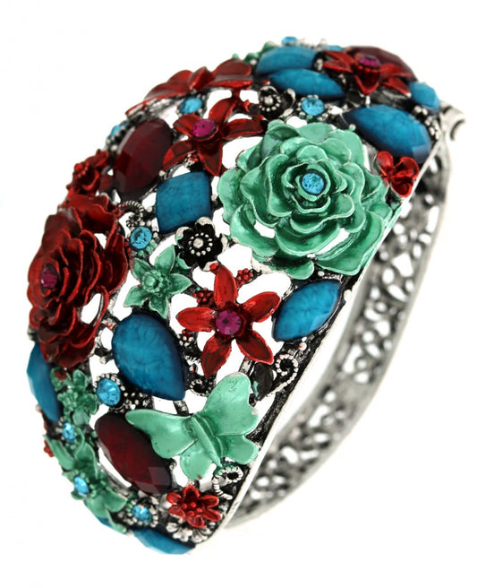 Aqua Blue gems , Green and Red Flower  Butterfly  Bracelet