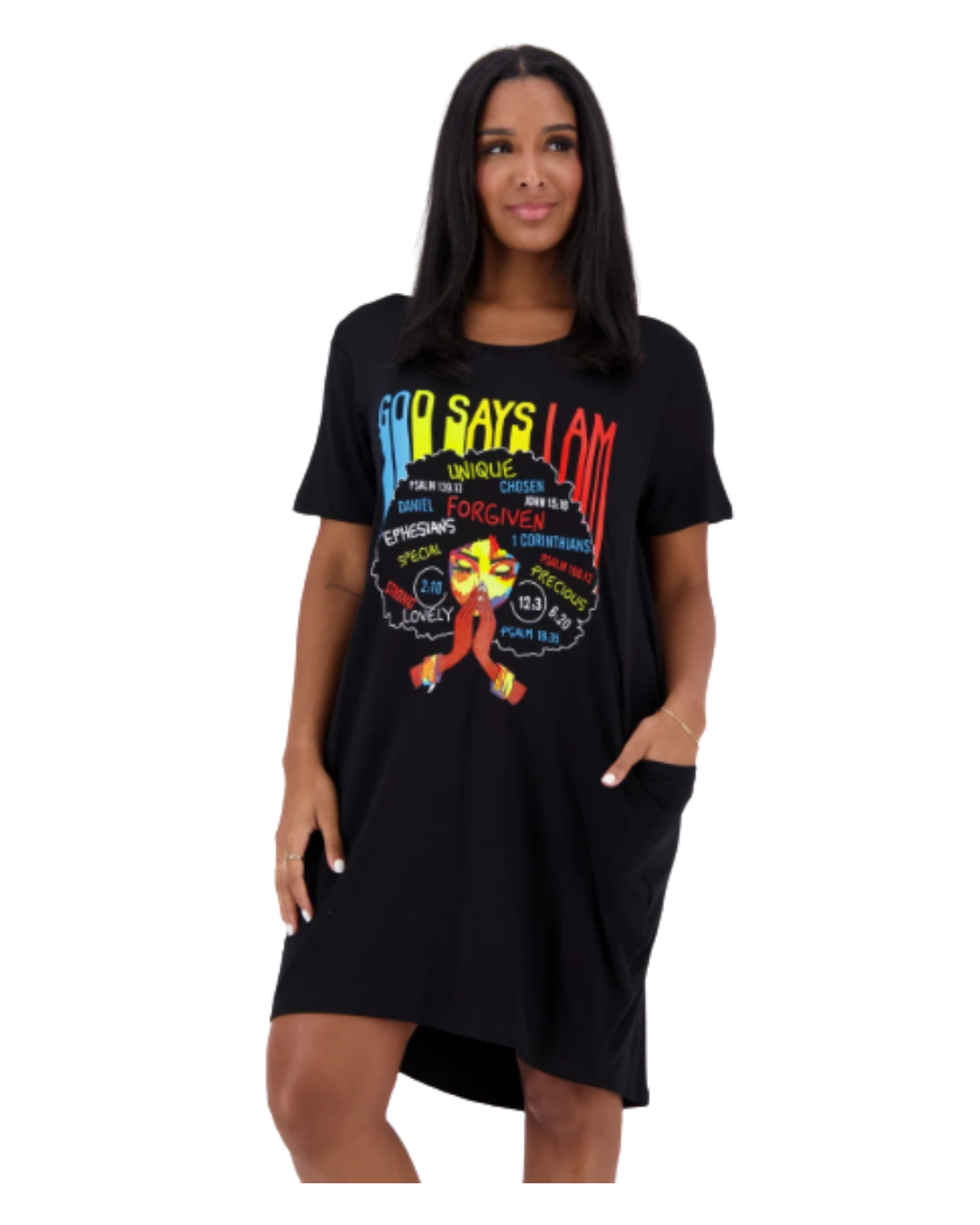 “God Says I Am” Graphic Pocket Dress – Black