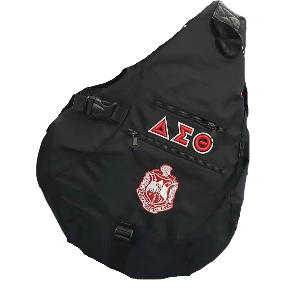 Black sling bag with Delta Sigma Theta logo embroidered on a white background