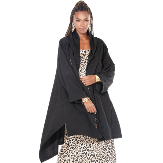 Geometric Pattern Black Hoodie Tunic Jacket – Brushed Cotton Blend with Zipper Details