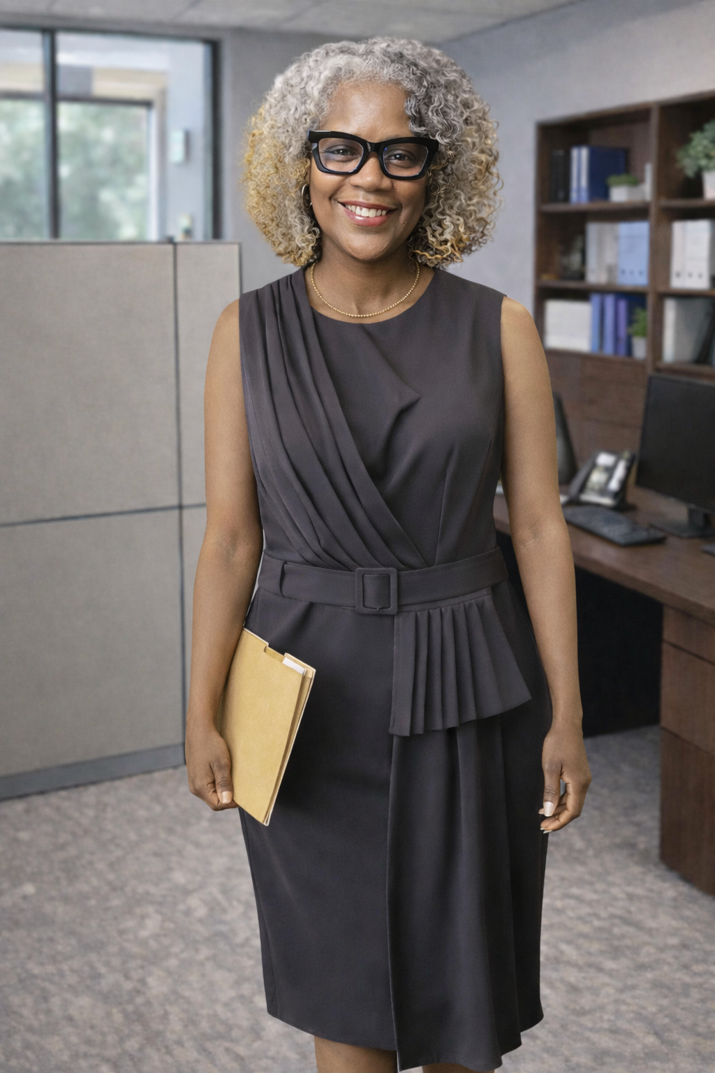 Woman in a black belted sheath dress standing in an office setting