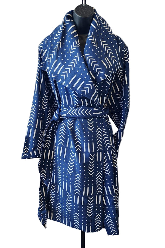 Navy Blue African Print Coat with wide collar and belt