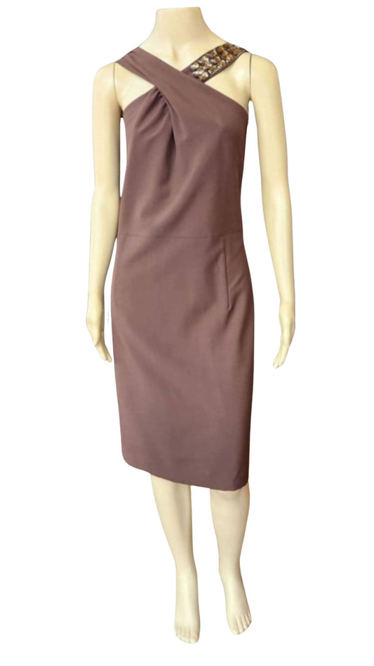 Mocha Radiance One-Shoulder Embellished Sheath Dress