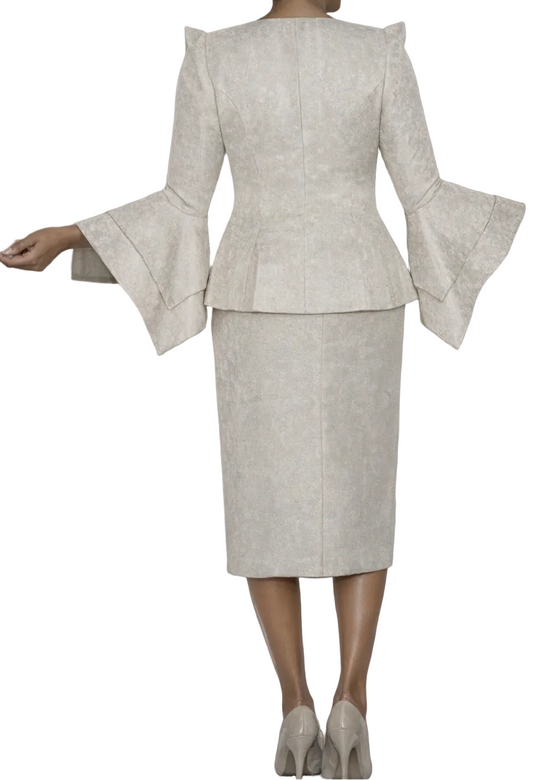 Champagne Three Piece Skirt Suit with Flutter Sleeves