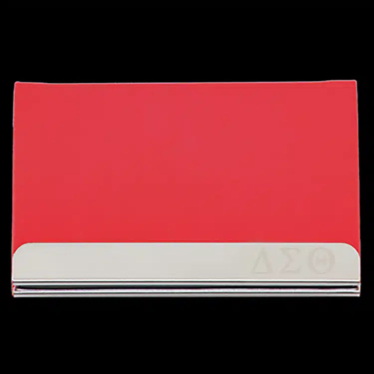 DST Laser Engraved Business Card Holder – Stainless Steel With Red Leather