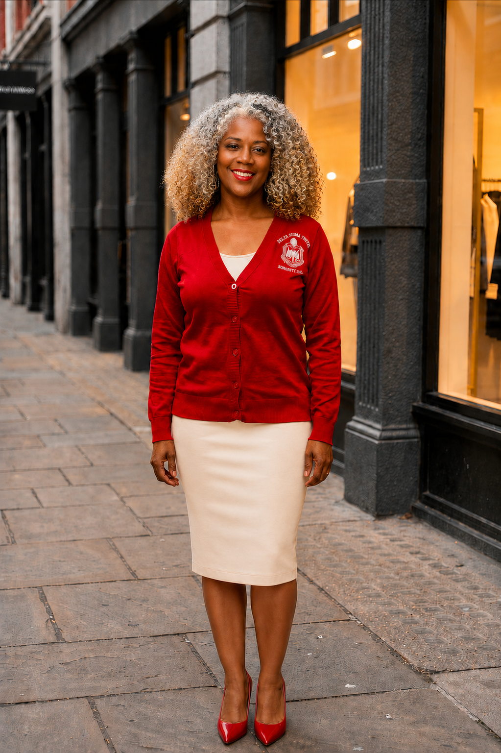 A woman with curly blonde hair stands on a city sidewalk wearing a red button-front cardigan with a Delta Sigma Theta Crest and a cream pencil skirt, paired with red heels.