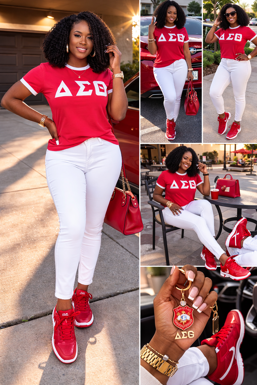 Woman wearing a red DST shirt with a logo, white pants, and red sneakers, surrounded by various shots of her outfit.