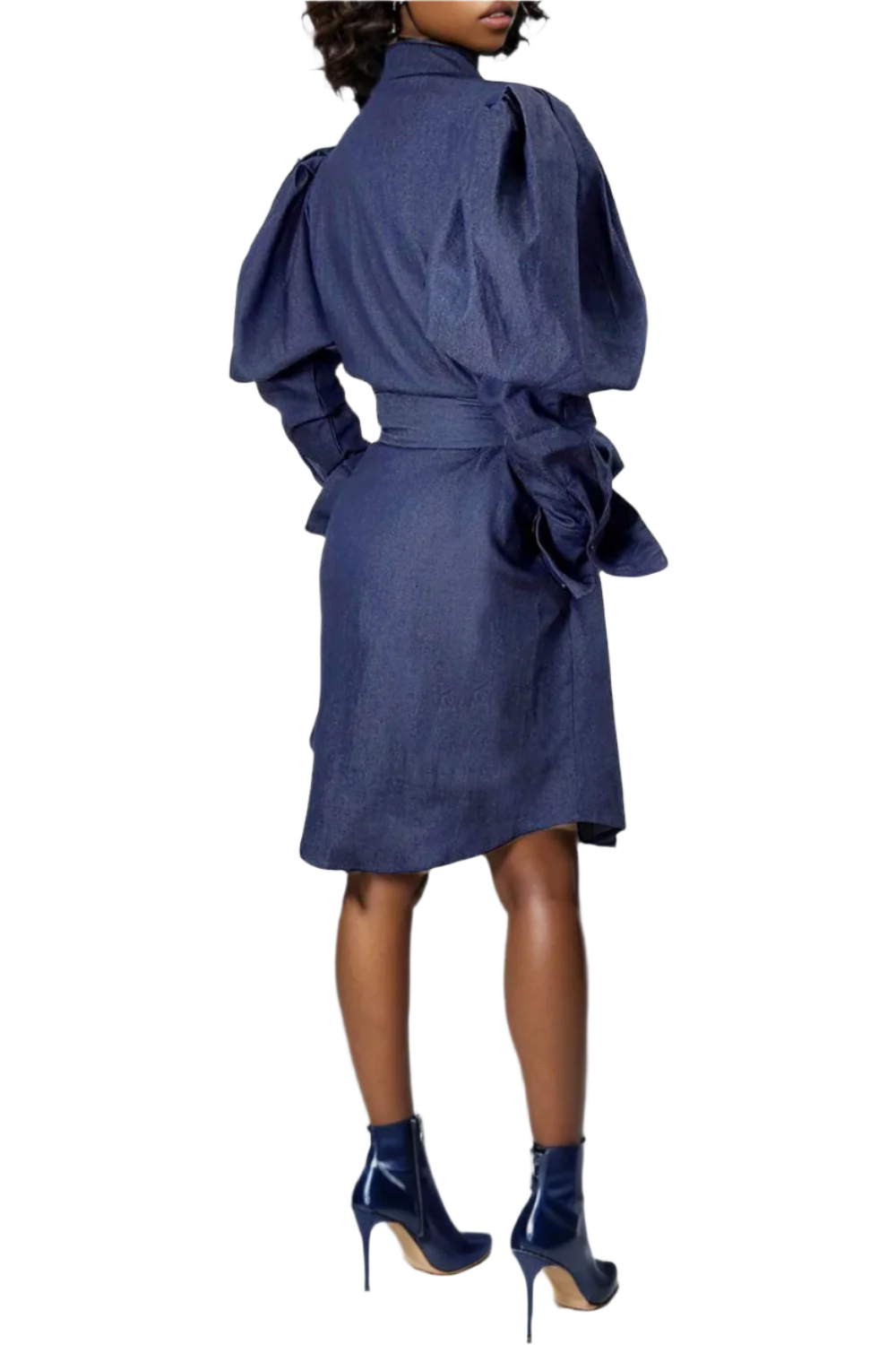 Denim Button-Down Dress with Puff Sleeves And Rhinestone Buttons with pockets