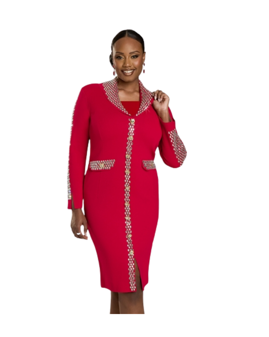 Regal Red Embellished Knit Dress – Luxe Couture With Dazzling Detail