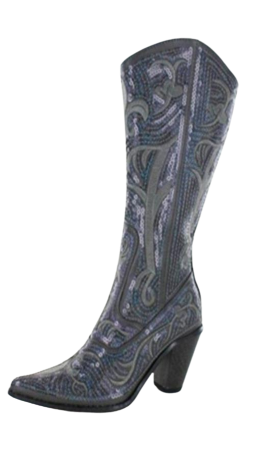 A pair of grey tall western boots with sequin embroidery and a side zipper.