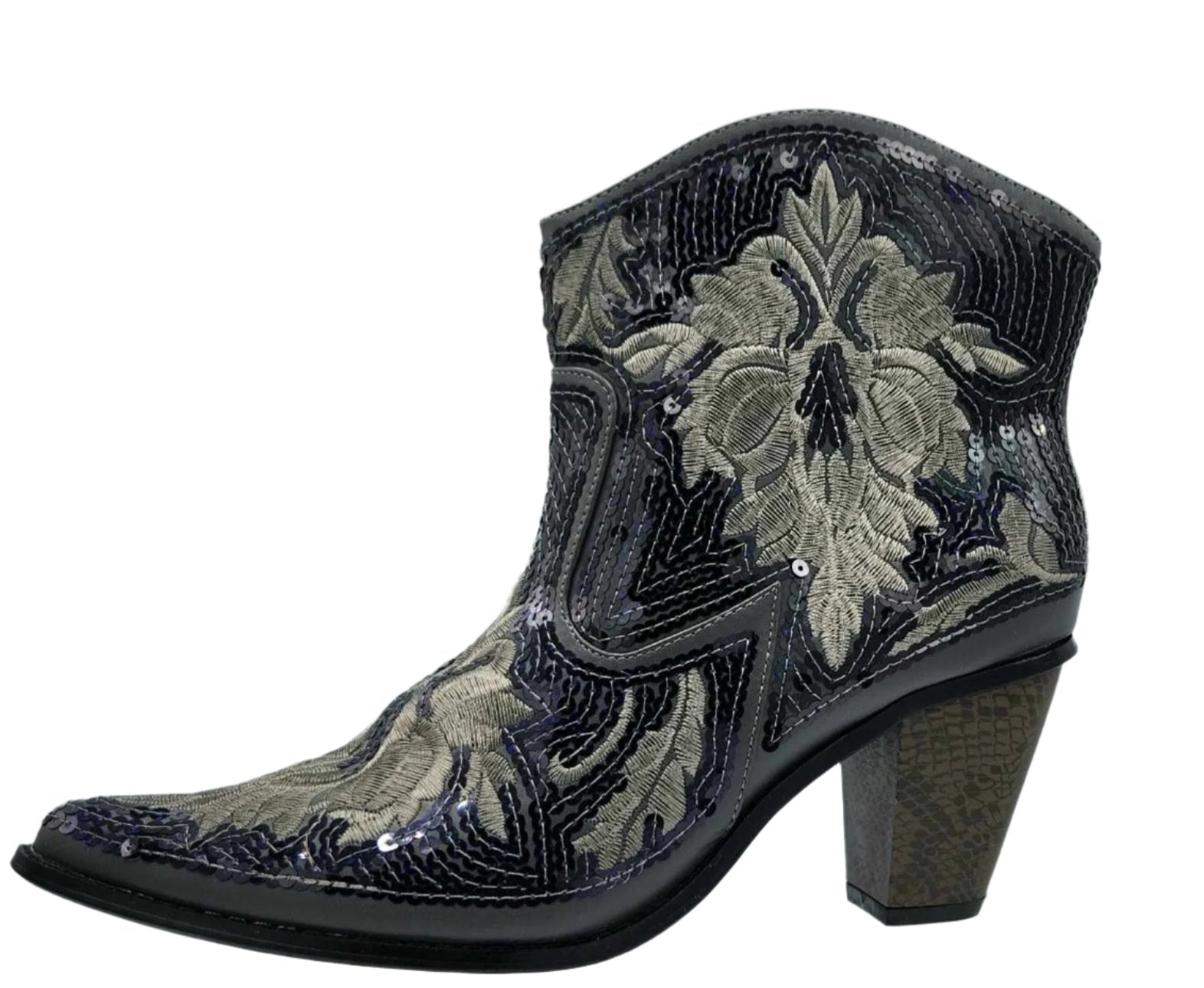 Grey Short Sequin Embroidered Bling Western Boots with Zipper Closure