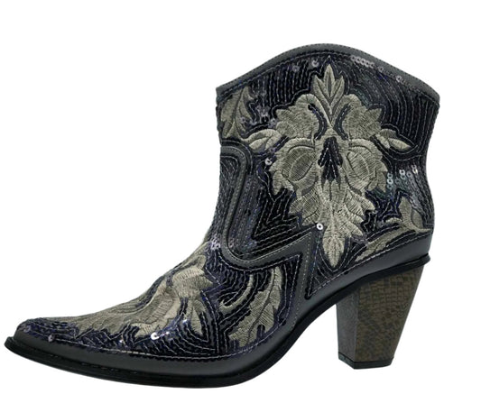 Grey Short Sequin Embroidered Bling Western Boots with Zipper Closure