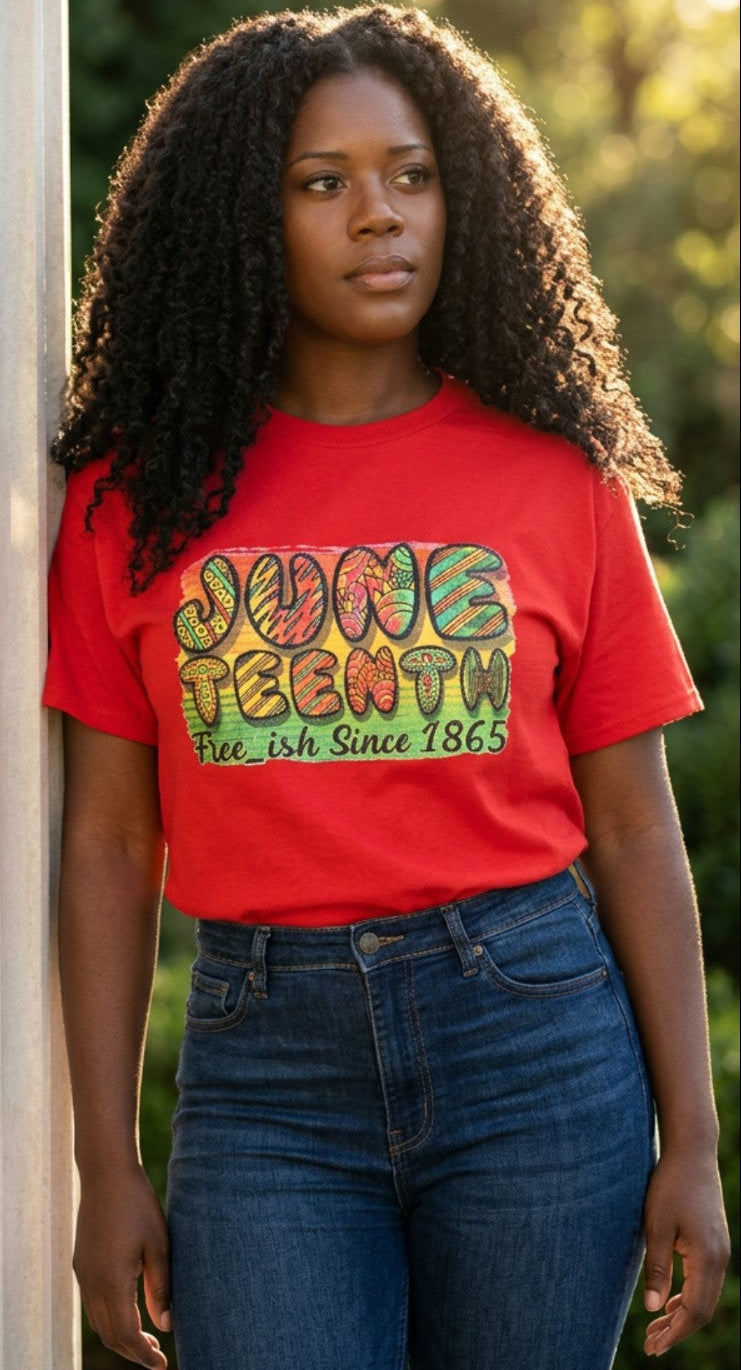 Person wearing a orange t-shirt with "Free_ish Since 1865 in colorful text, standing outdoors.