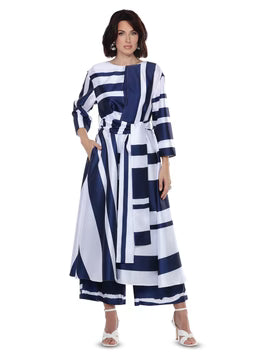 Navy & White 3-Piece Pant Set with Duster