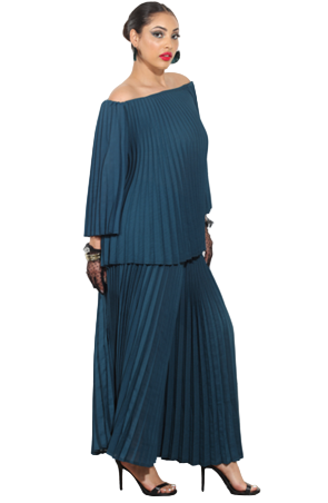 Woman wearing a blue off-shoulder top and pleated pants on a white background