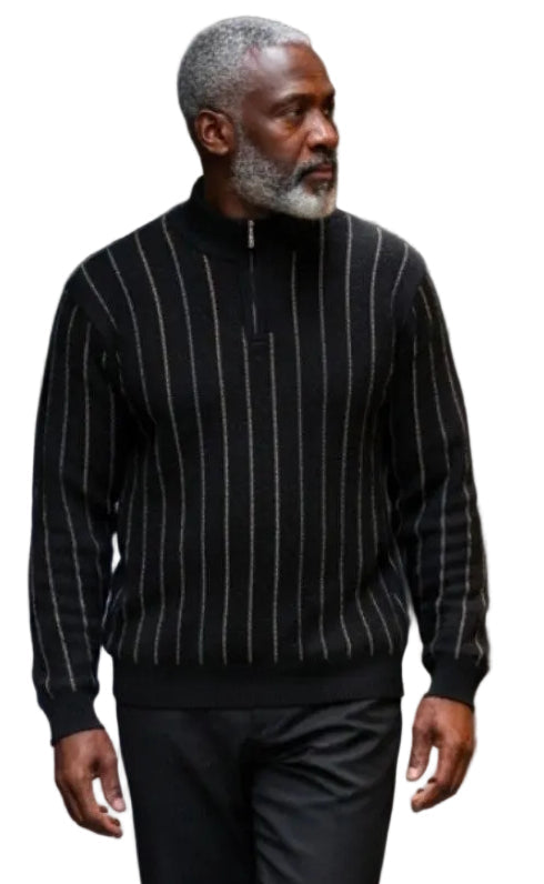 Man walking on a city street wearing a black pinstripe sweater and pants.