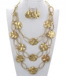 Gold Multi-Row Hammered Metal Necklace & Earring Set