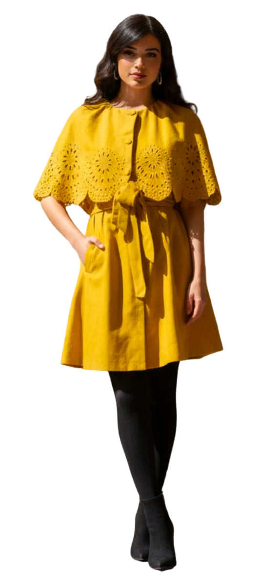 Mustard Capelet Eyelet Coat Dress with Self-Tie Belt