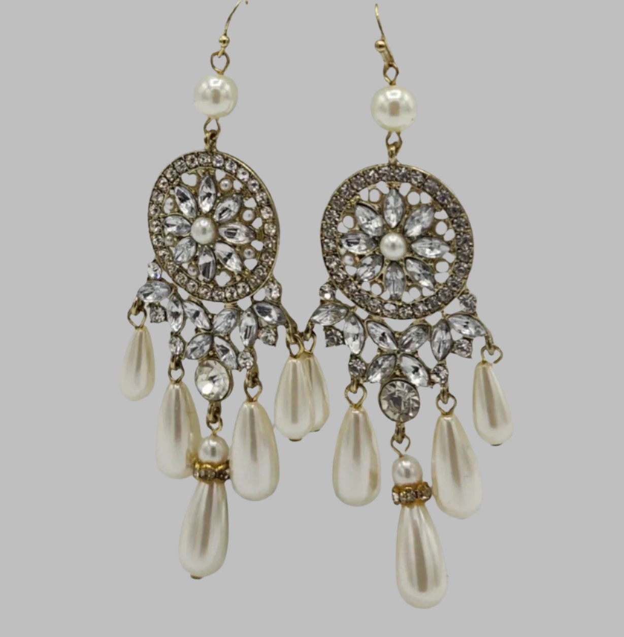 Pearl, Gold ,Rhinestone Dangle Teardrop Earrings with Pearls