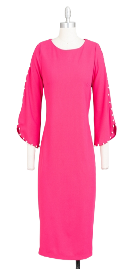 Pink Scuba Crepe Dress With Pear Details