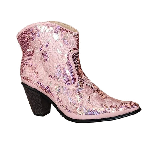 Pink Sequin Embroidered Bling Western boots with zipper closure
