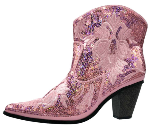 Pink Sequin Embroidered Bling Western boots with zipper closure