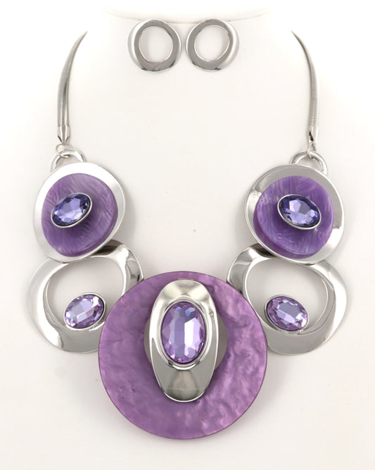 Exquisite Purple and Silver Bejeweled Statement Necklace & Earring Set