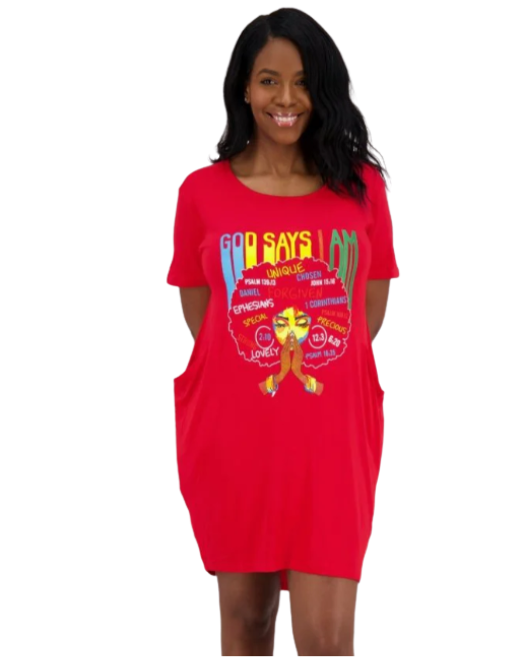 Woman wearing a red t-shirt with colorful graphics and text on a white background