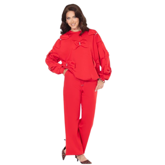 Red Statement Sleeve Rhinestone Bow Detail Pant Set