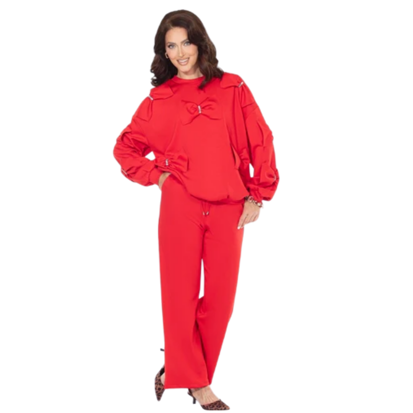 Red Statement Sleeve Rhinestone Bow Detail Pant Set