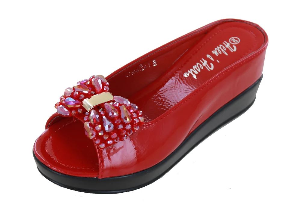 Red Open Toe Wedge with Black Sole Swarovski crystal bow