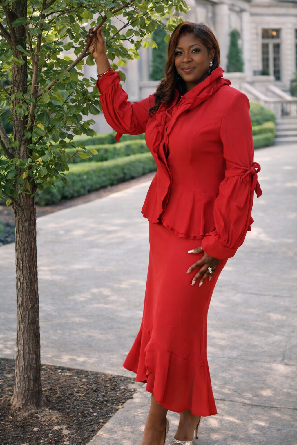 Red Ruffle Trim Peplum Skirt Suit with Ruched Sleeves