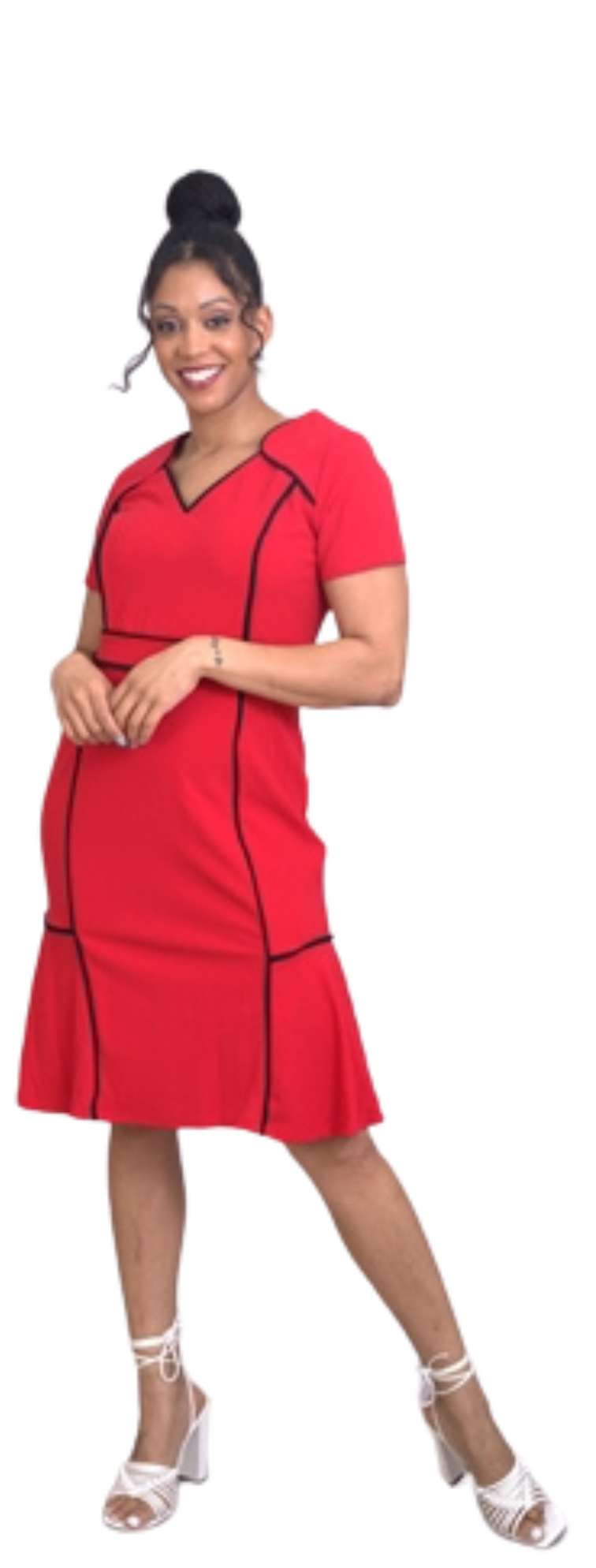 Red sleeved above the knee Dress with black trim design