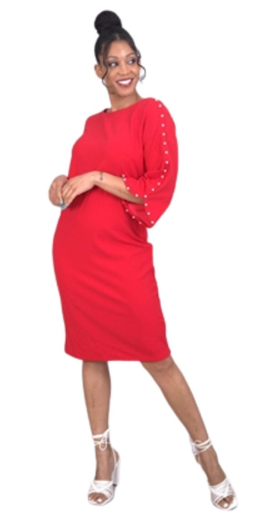 Red Scuba Crepe Dress With Pearls down the Sleeve