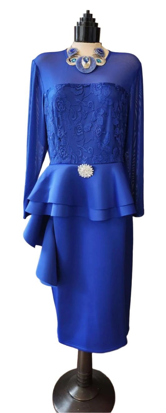 Blue dress with peplum top and skirt on a mannequin against a white background
