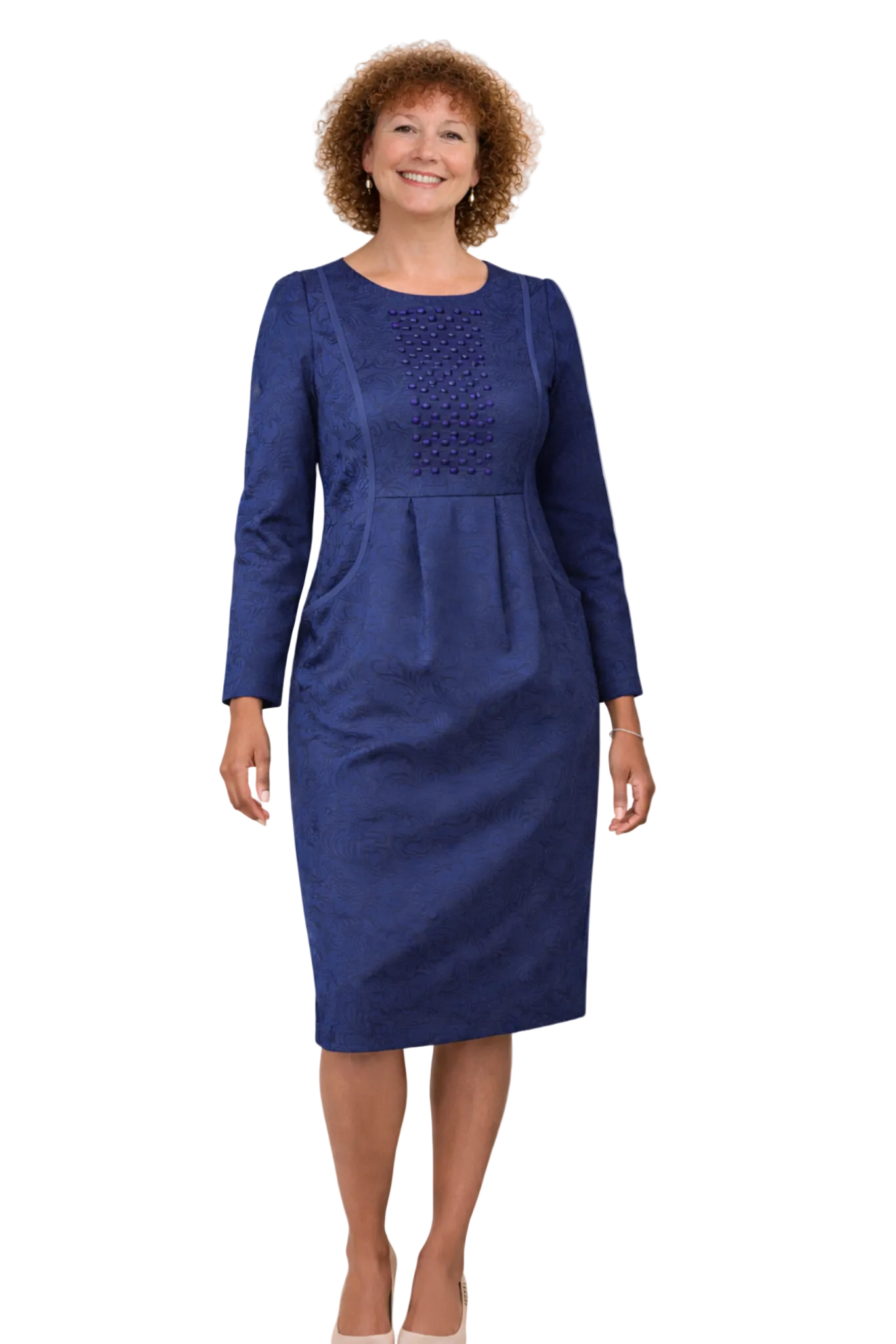 Woman wearing a blue dress on a white background