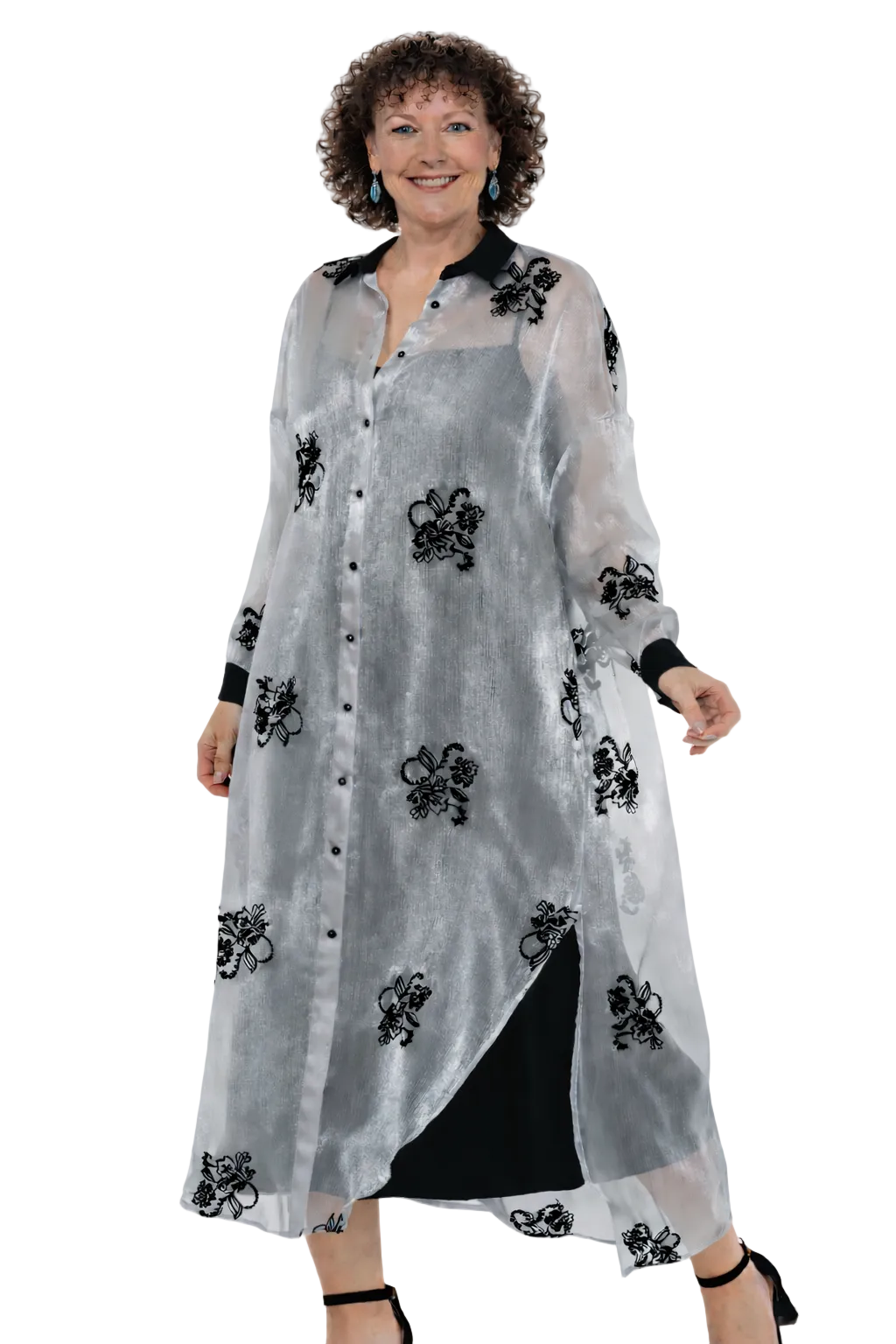 Sheer Silver Embroidered Tunic – Button-Down Elegance