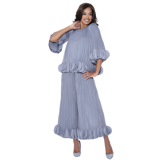 Silver Pleated Bubble Hem 2-Piece Pant Set