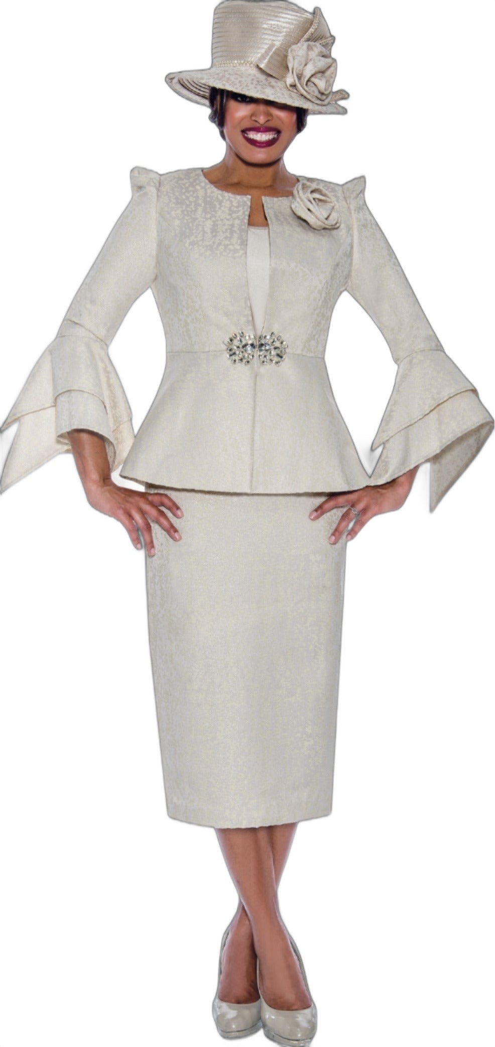 Silver Champagne Three Pc Skirt Suit with Flutter Sleeves Floral Pin and Rhinestone Broach