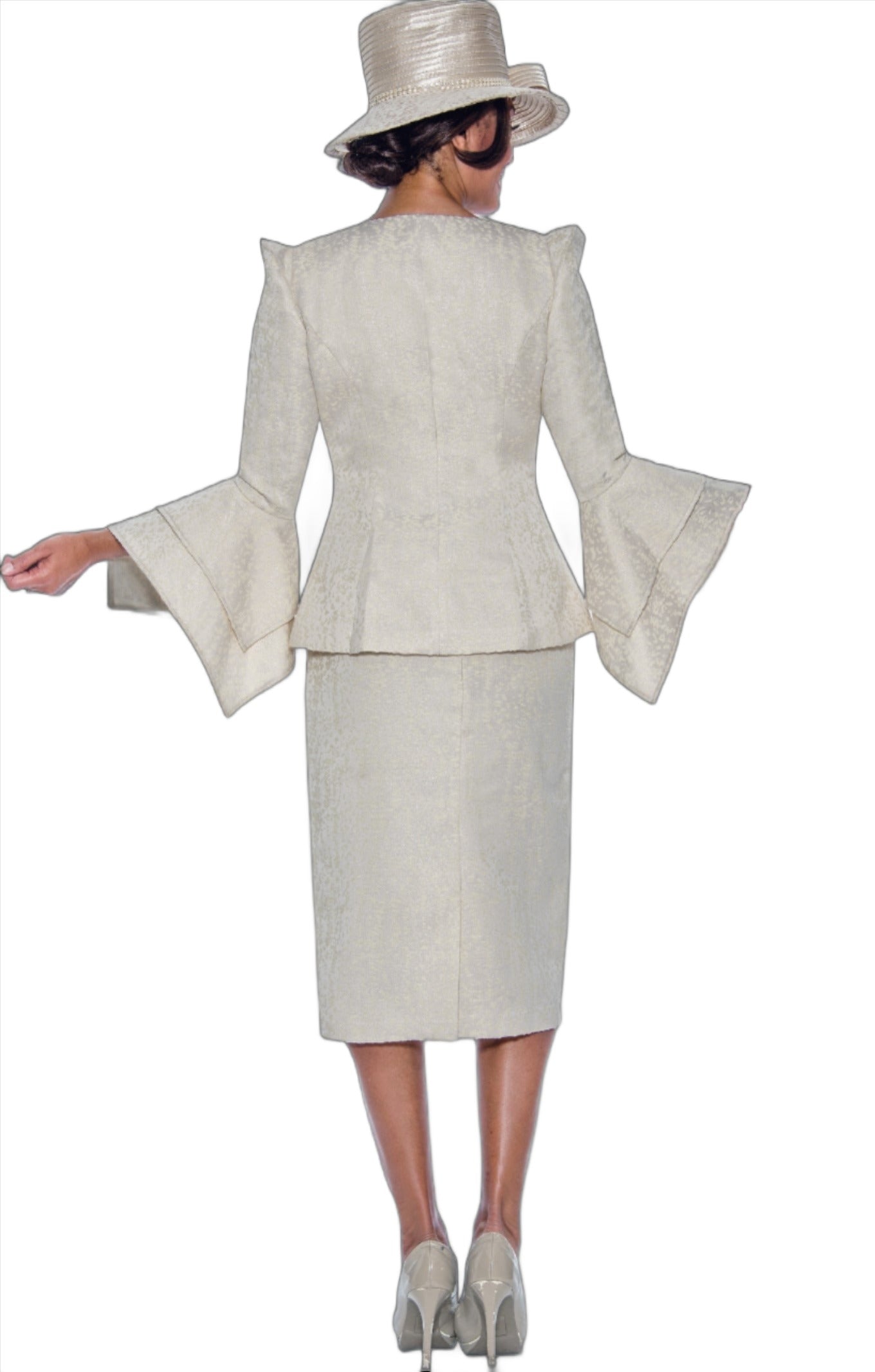 Silver Champagne 3pc Skirt suit with Flutter Sleeves Floral Pin and Rhinestone Broach
