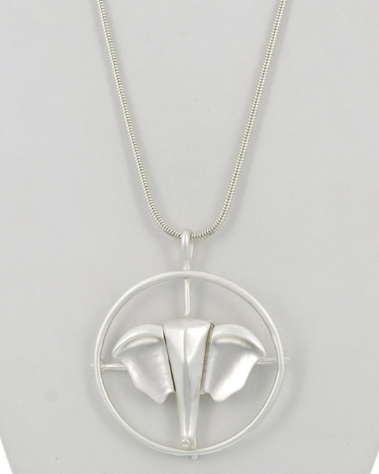 Silver Elephant Face Metal Pendant Long Necklace & Trunk Earring Set