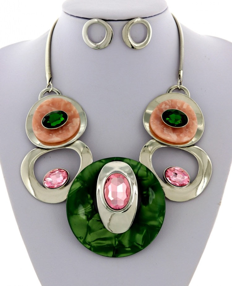 Silver, Green, Peach and Pink Acrylic Glass Metal Graduating Necklace & Earring Set