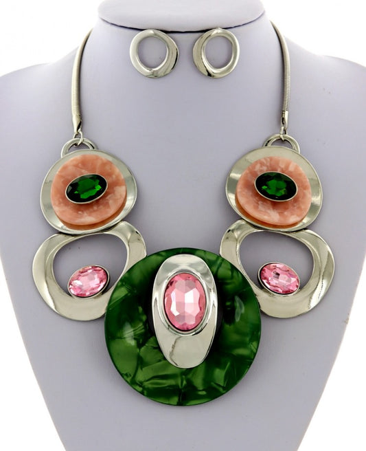 Silver, Green, Peach and Pink Acrylic Glass Metal Graduating Necklace & Earring Set
