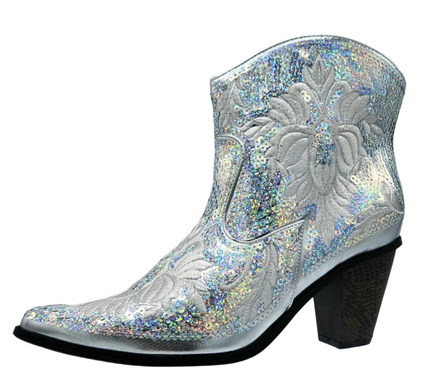 Silver Short Sequin Embroidered Bling Western Boots with Zipper Closure