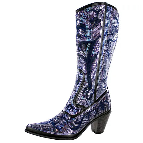 Black and blue sequin embroidered bling western boots with a side zipper and a 3-inch heel.