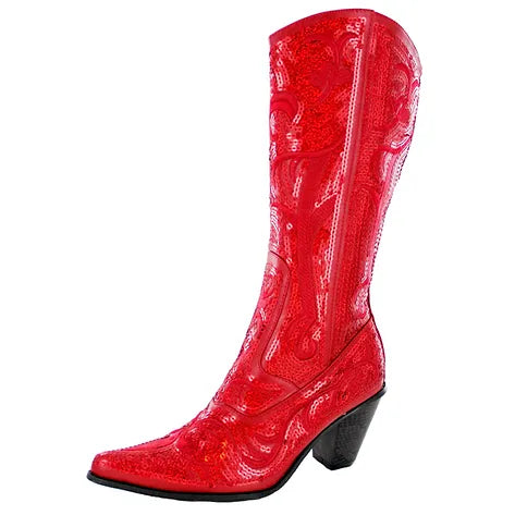 A pair of red sequin embroidered tall Western boots with a 3-inch heel and side zipper.